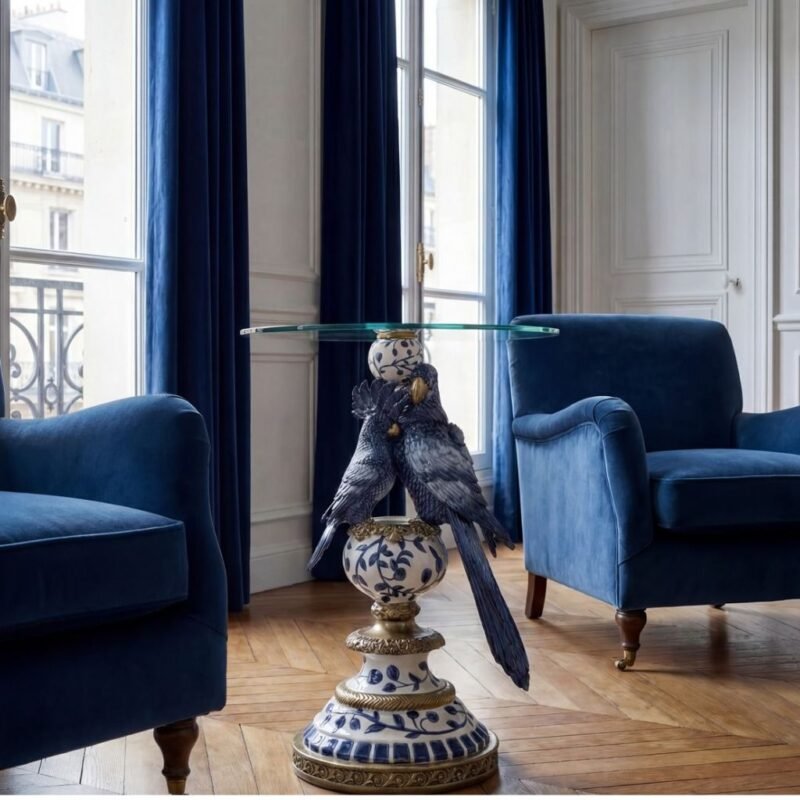 Side Table with Blue Parrots Bird Sculpture