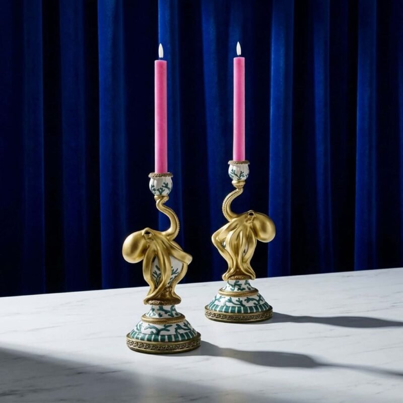 Set of 2 Otto Octopus Candle Holders Turquoise-White-Gold Art Sculptures