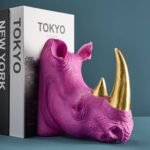 Set of 2 Rhino Bookends Magenta-Gold Animal Sculpture