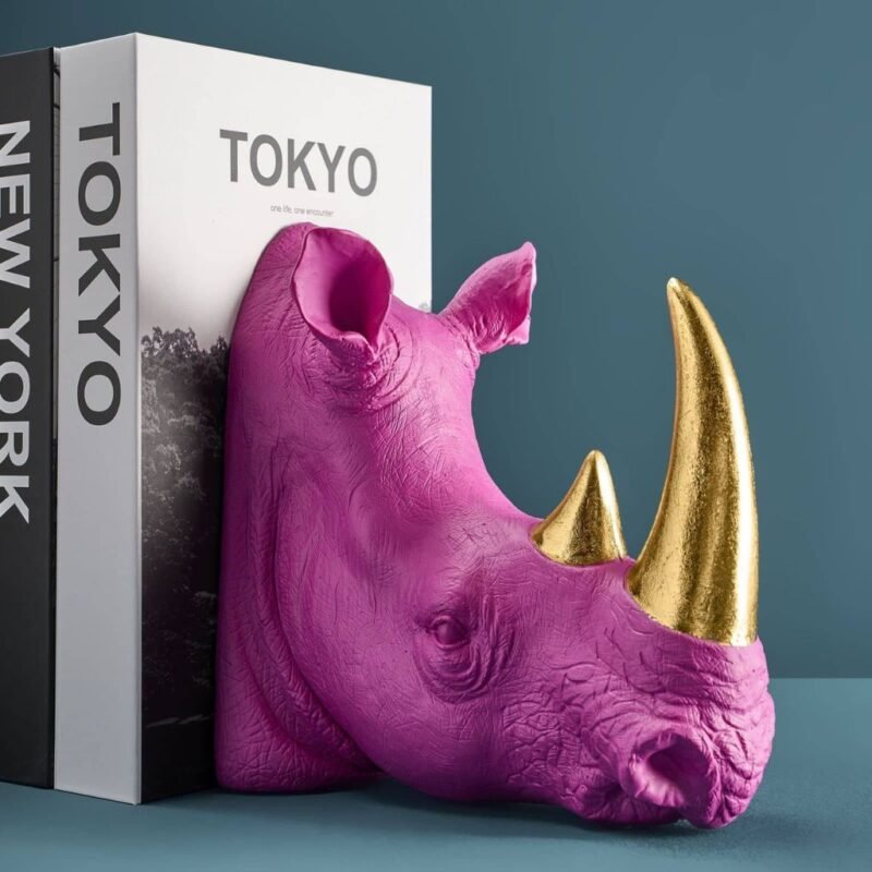 Set of 2 Rhino Bookends Magenta-Gold Animal Sculpture
