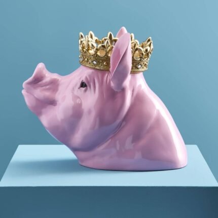 Piggy Bank Pig Porky with Crown Animal Sculpture