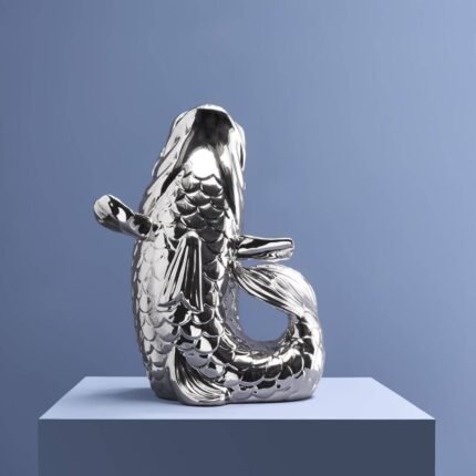 Animal Sculpture Vase Fish Glossy Silver