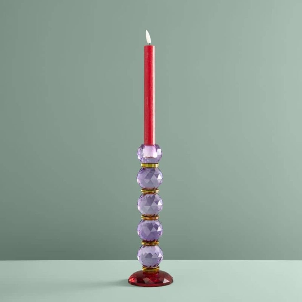 2 Candle Holder Fancy Crystal Magenta Round Glass Art Sculptures