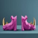 Set of 2 Rhino Bookends Magenta-Gold Animal Sculpture
