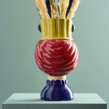 Sicilian Female Bust / Decorative Vase Letizia Red-Yellow Hand-Painted Art Sculptures