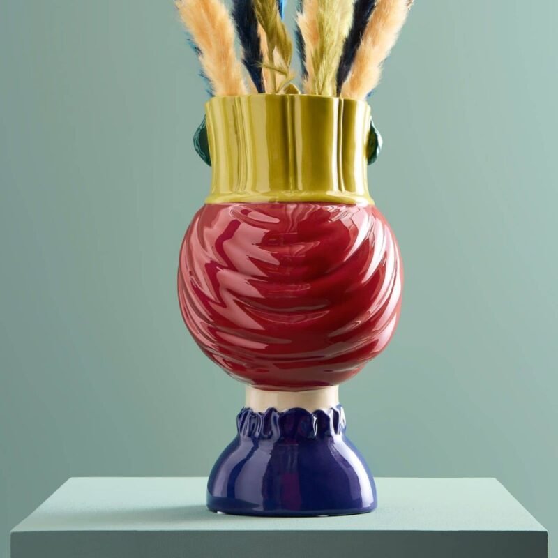 Sicilian Female Bust / Decorative Vase Letizia Red-Yellow Hand-Painted Art Sculptures