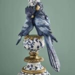 Side Table with Blue Parrots Bird Sculpture
