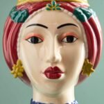 Sicilian Female Bust / Decorative Vase Letizia Red-Yellow Hand-Painted Art Sculptures