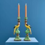 Set of 2 Parrot Candle Holders Green Art Sculptures