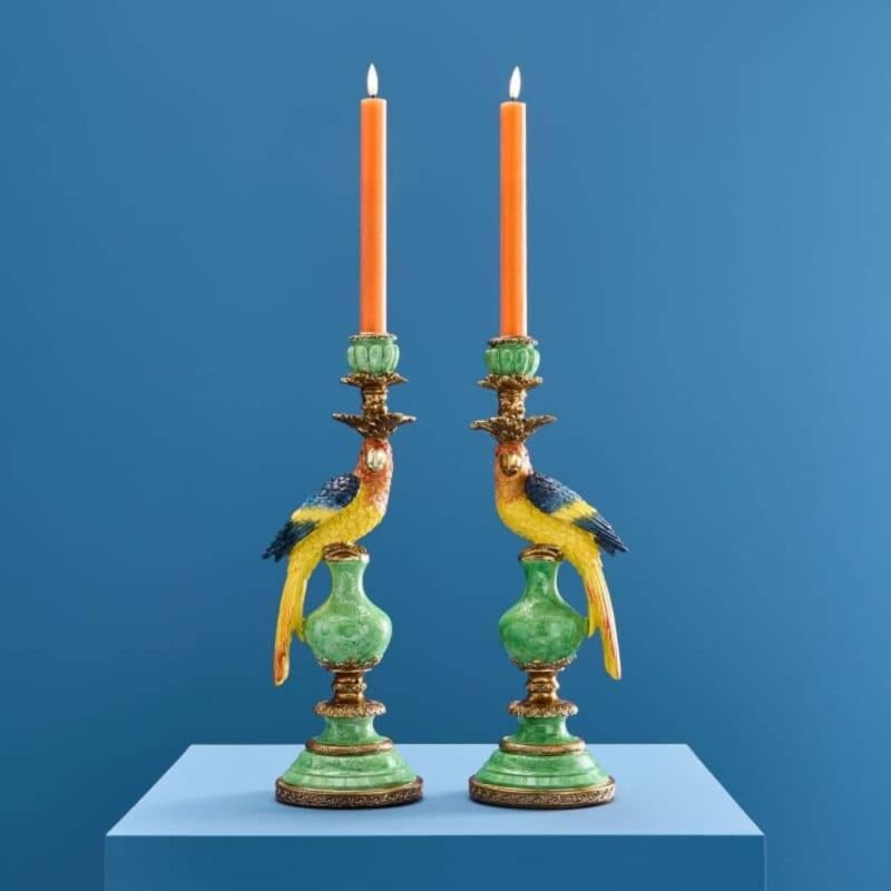 Set of 2 Parrot Candle Holders Green Art Sculptures