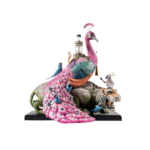 EPHEMERAL TREASURES SCULPTURE BY SPANISH ARTIST DULK, pink and gold porcelain peacock sculpture with tiger and monkey, full view