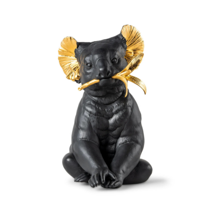 KOALA SCULPTURE BLACK GOLD on table sculpture — matte black and gold porcelain, 13.386 in tall, Boldblack collection