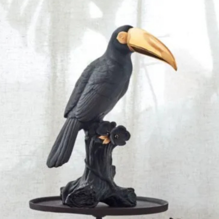 TOUCAN SCULPTURE BLACK GOLD — matte black and gold porcelain, 14.961 in tall, Boldblack collection
