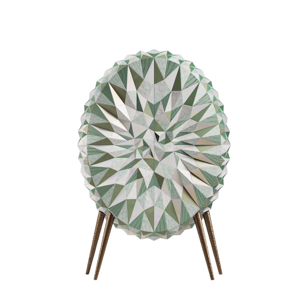 ESTUDIO CAMPANA KALEIDOSCOPE EXOTIC LEATHER CABINET for Louis Vuitton — 616 green exotic leather facets with brass feet, one-of-a-kind, made in France ESTUDIO CAMPANA KALEIDOSCOPE EXOTIC LEATHER CABINET for Louis Vuitton — 616 green exotic leather facets with brass feet, one-of-a-kind, made in France