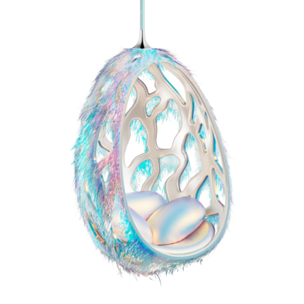 COCOON ARTY DICHROIC ESTUDIO CAMPANA, suspended art chair with handcrafted dichroic fringes and iridescent leather shell, made in France