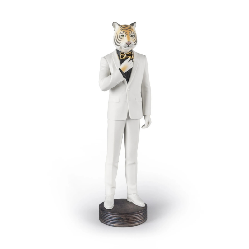 White, grey and gold matte porcelain TIGER MAN FIGURINE with golden luster glaze detail, handcrafted in Spain by sculptor Marco Antonio Noguerón, 17-inch luxury collectible figurine