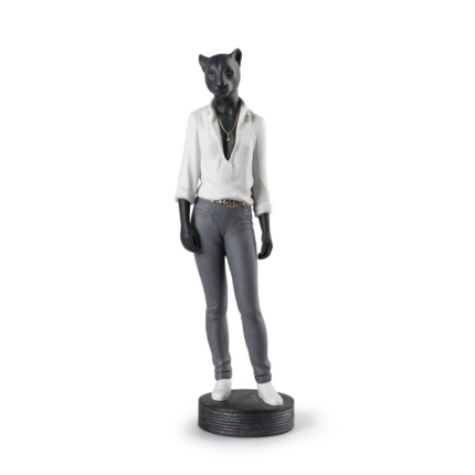PANTHER WOMAN FIGURINE in white, grey and gold — pre-Columbian inspired, handcrafted in Spain