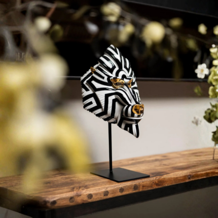 MANDRILL MASK BLACK GOLD by José Luis Santes — black lines and gold luster, 17.32 in tall