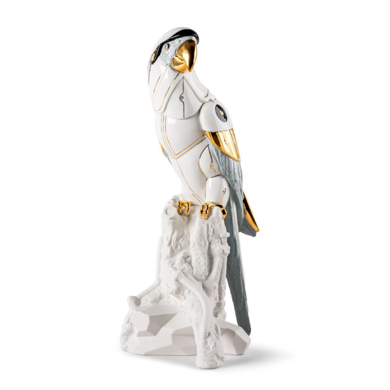 MACAW BIRD CYBORG SCULPTURE in white, grey and gold by Joan Coderch, 2024