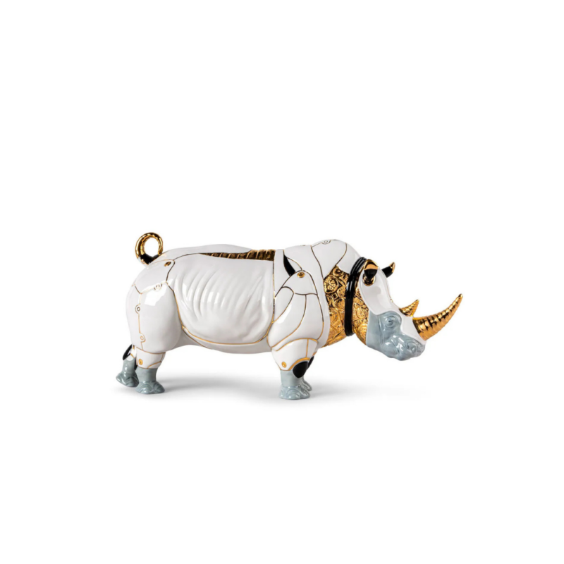 RHINO CYBORG SCULPTURE in white, gray, and gold — sculpted by Ernest Massuet