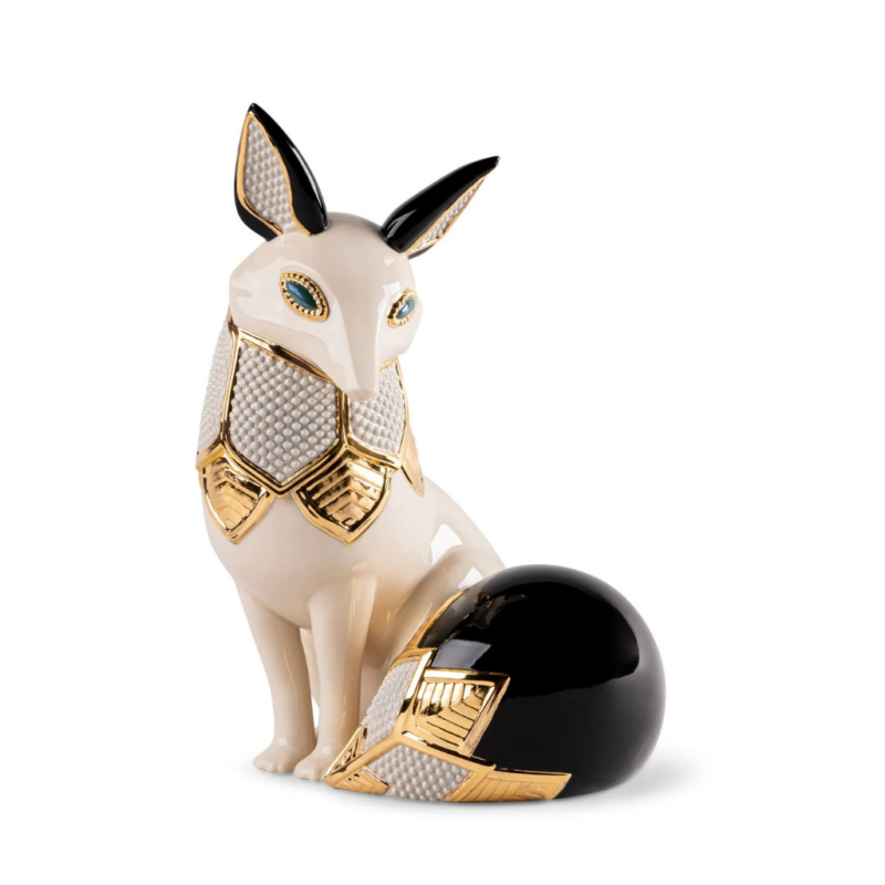 FOX JEWEL SCULPTURE with herringbone back pattern, emerald green eyes, and gloss gold luster finish — Raul Rubio