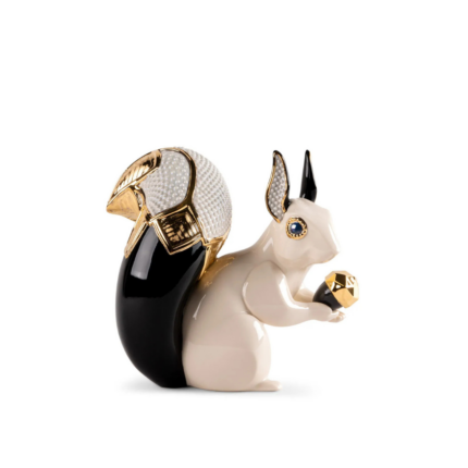 SQUIRREL JEWEL SCULPTURE by Raul Rubio — Art Deco gold luster, sapphire blue eyes & bold black finish. Insurance included. Ships free worldwide.