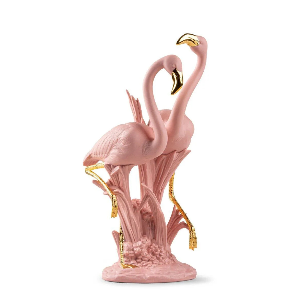 THE FLAMINGOS SCULPTURE PINK by Lladró, matte finish with gold luster glaze, 12.99 inches tall THE FLAMINGOS SCULPTURE PINK by Lladró, matte finish with gold luster glaze, 12.99 inches tall