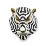 TIGER MASK BLACK GOLD with bold black brushwork, white gloss finish and gold luster details, sculpted by José Luis Santes, 14.96 inches tall — Lume Art Gallery