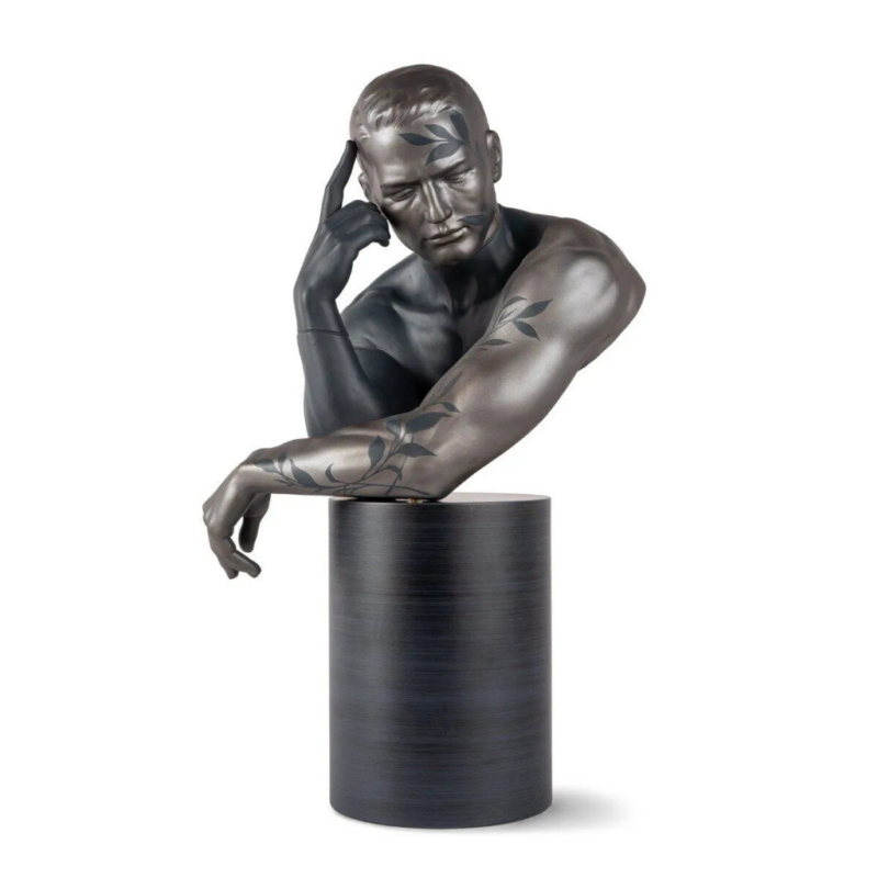 REFLECTIONS OF NATURE HIM SCULPTURE by Ernest Massuet with botanical shadow motifs on wooden pedestal