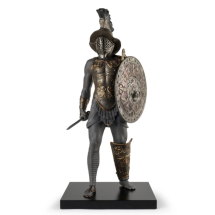 GLADIATOR SCULPTURE by Ernest Massuet — matte black ceramic with aged silver armor and metallic enamel