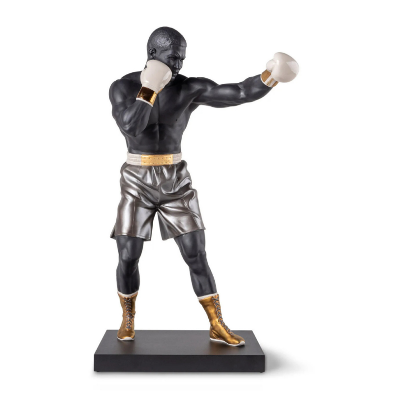 BOXER SCULPTURE — matte black body, glazed white gloves, gold luster, 24-inch figurine