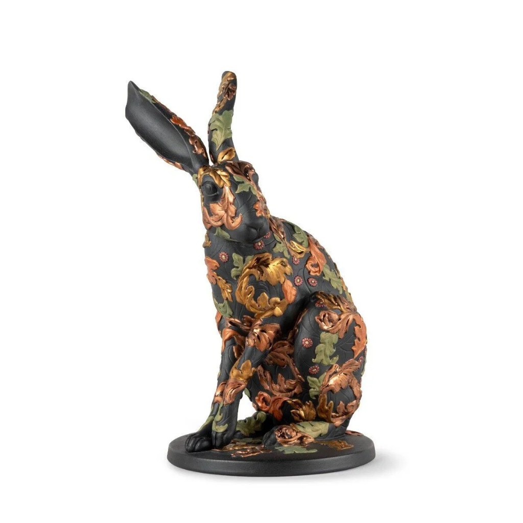 FOREST HARE SCULPTURE BY WILLIAM MORRIS in matte black porcelain with botanical plant motifs in green and copper FOREST HARE SCULPTURE BY WILLIAM MORRIS in matte black porcelain with botanical plant motifs in green and copper