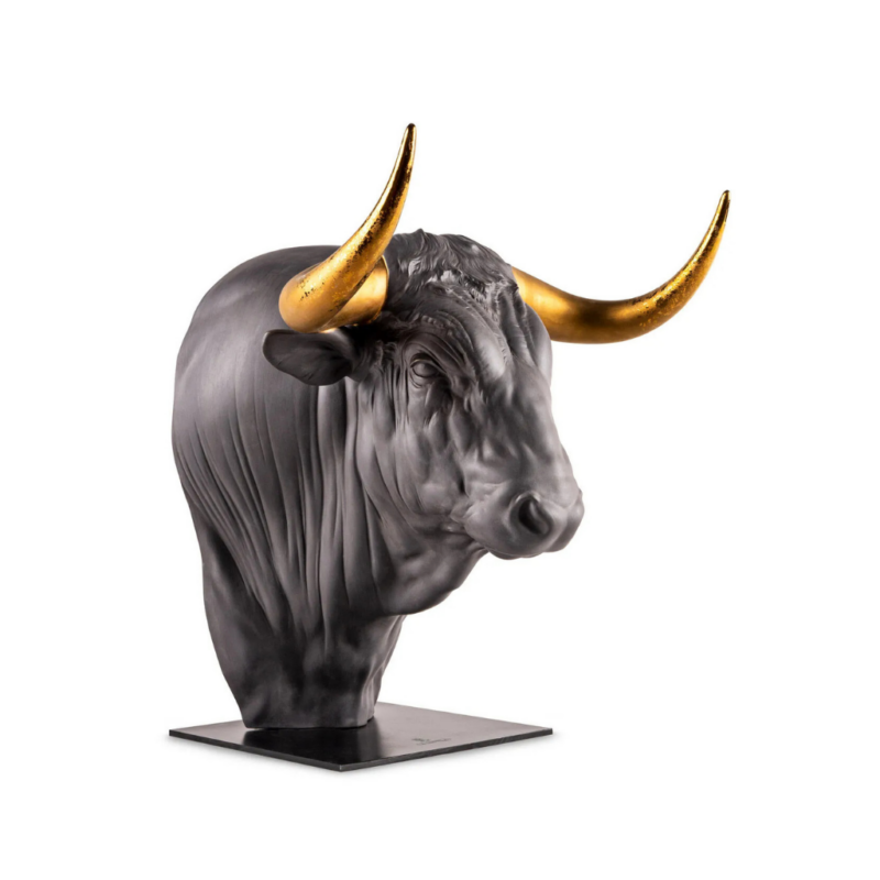 Matte black porcelain TAURUS ANIMALIA HORNED BUST, copper luster horns by Ernest Massuet