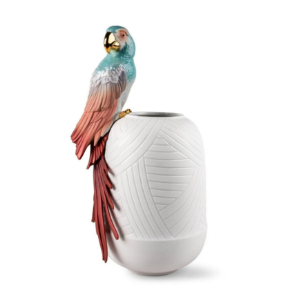 MACAW VASE RED with golden beak and claws, white and red ceramic, 22 inches tall