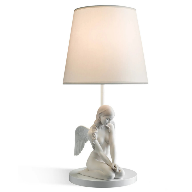 BEAUTIFUL ANGEL TABLE LAMP with structured shade, designed by sculptor Ernest Massuet