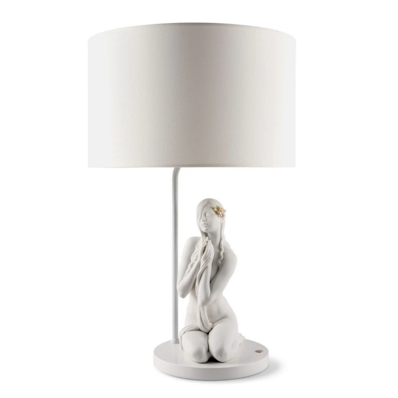 INNER PEACE TABLE LAMP with straight-line shade and figurative sculptural character by Ernest Massuet
