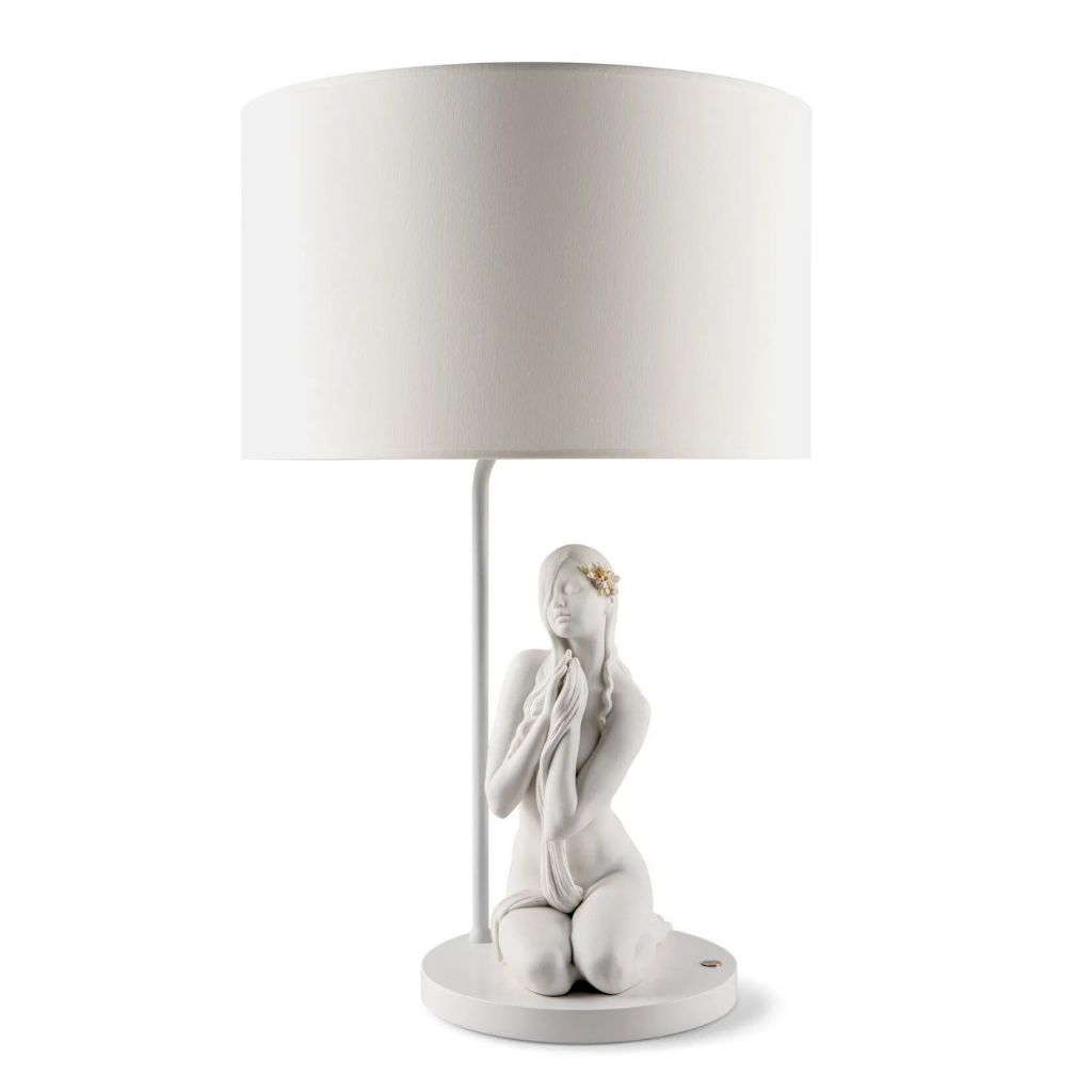 INNER PEACE TABLE LAMP with straight-line shade and figurative sculptural character by Ernest Massuet INNER PEACE TABLE LAMP with straight-line shade and figurative sculptural character by Ernest Massuet