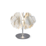 NIGHTBLOOM TABLE LAMP with gold dot perforations, brushed metal stem and base, made in Spain
