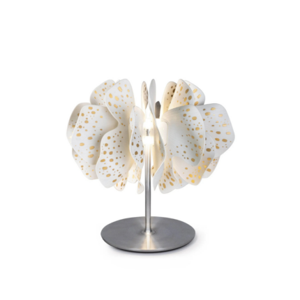 NIGHTBLOOM TABLE LAMP with gold dot perforations, brushed metal stem and base, made in Spain