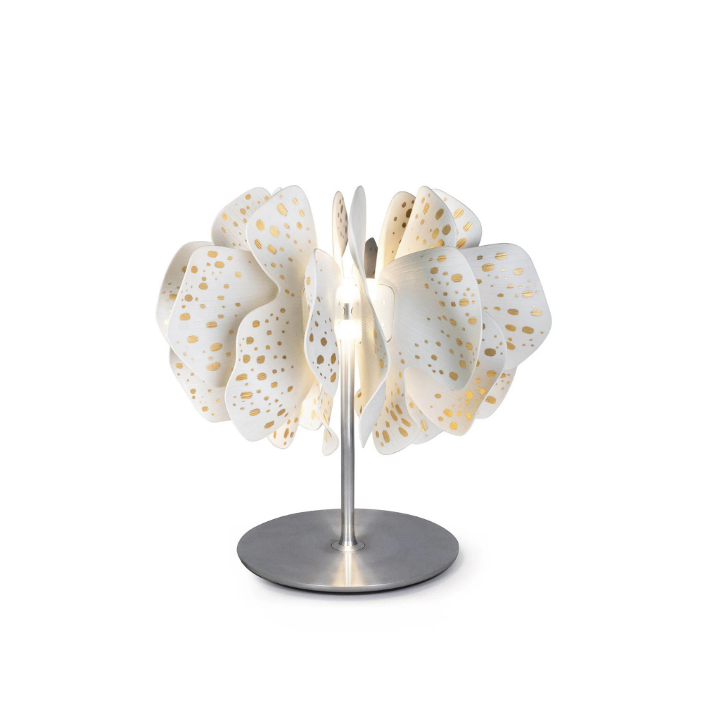 NIGHTBLOOM TABLE LAMP with gold dot perforations, brushed metal stem and base, made in Spain NIGHTBLOOM TABLE LAMP with gold dot perforations, brushed metal stem and base, made in Spain