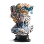 VENETIAN FANTASY WOMAN SCULPTURE with floral headdress and mask, gloss metallic luster, limited 750 units