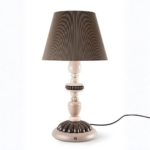 FIREFLY TABLE LAMP — glazed porcelain in cream and taupe tones with gold luster and pleated cloth shade