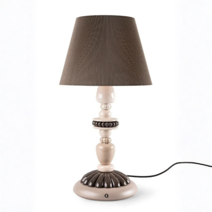 FIREFLY TABLE LAMP — glazed porcelain in cream and taupe tones with gold luster and pleated cloth shade