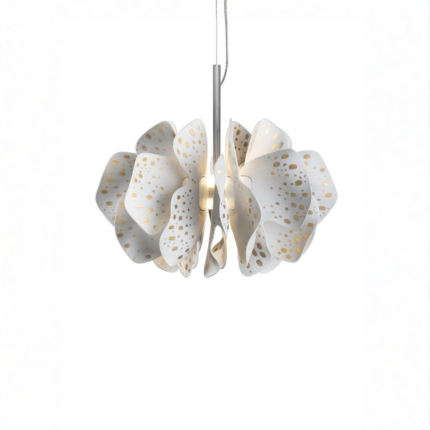 NIGHTBLOOM HANGING LAMP with gold dot perforations, brushed metal stem and rod, made in Spain