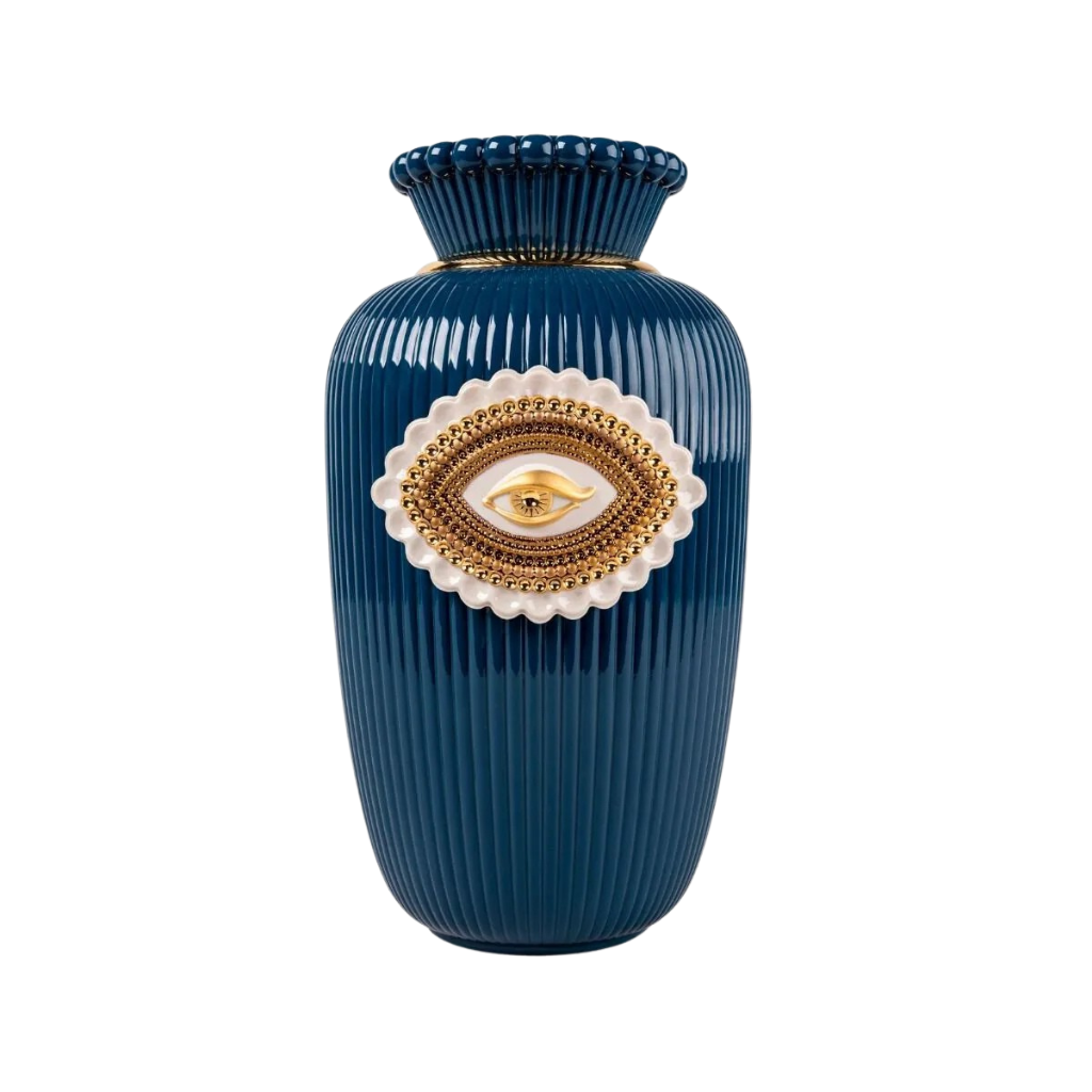 LOVER'S EYES VASE in Saxony blue with gold luster eye medallion and beaded neck, gloss finish, made in Spain LOVER'S EYES VASE in Saxony blue with gold luster eye medallion and beaded neck, gloss finish, made in Spain