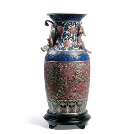 ORIENTAL VASE SCULPTURE RED with silver metallic luster, blue and white neck, carved wood base, ltd 250