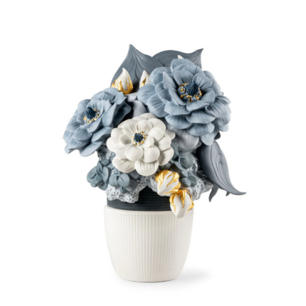 VASE WITH FLOWERS BLUE by Francisco Polope in white, grey, and deep blue porcelain with gloss and matte finish
