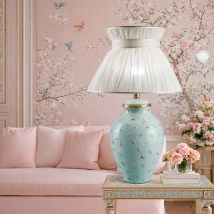 BUTTERFLY TABLE LAMP AQUAMARINE with all-over 24ct gold relief butterflies and white ruched organza shade, handmade in Italy