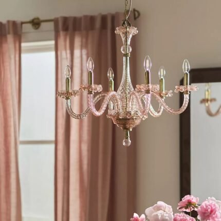 VENETIAN INSPIRED PINK COLORED GLASS 6 ARM CHANDELIER