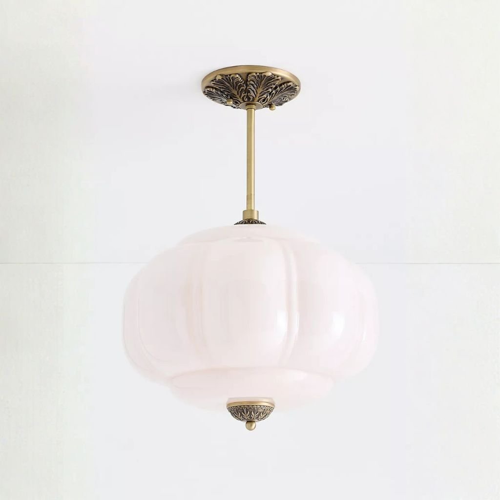 ELOISE MILK GLASS SCALLOPED SEMI FLUSH MOUNT BRASS ELOISE MILK GLASS SCALLOPED SEMI FLUSH MOUNT BRASS